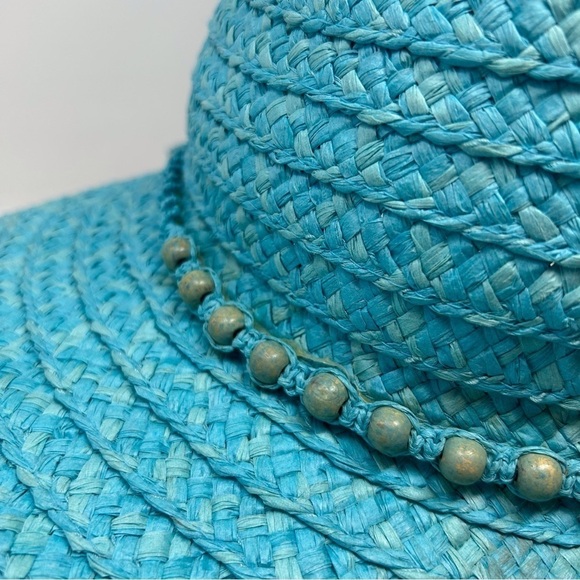 Vintage Light Sky Blue Sun Hat with Genuine Shell Design Summer Vacation Beach - Picture 5 of 15